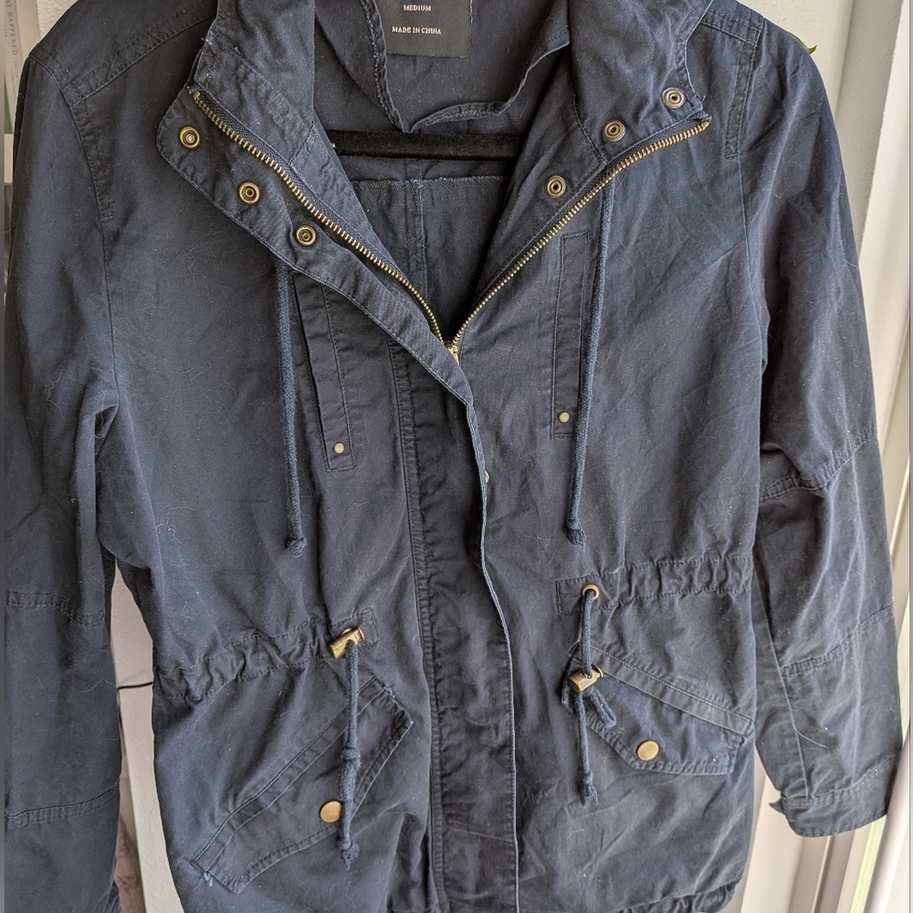 Love Tree Navy Blue Utility Jacket | Hooded Anorak Coat - Size Medium
